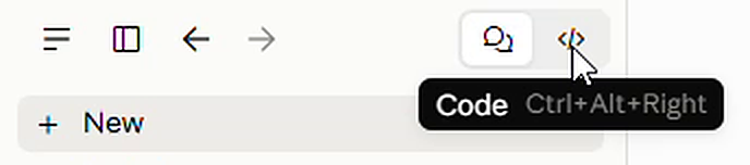 The top left of the Claude app. In the top row, the mouse rests on the last small button, the Code tab, right next to a speech bubble button. The Code tab looks like a slash between two pointy brackets. A tip under it says Code. Below the row: + New.